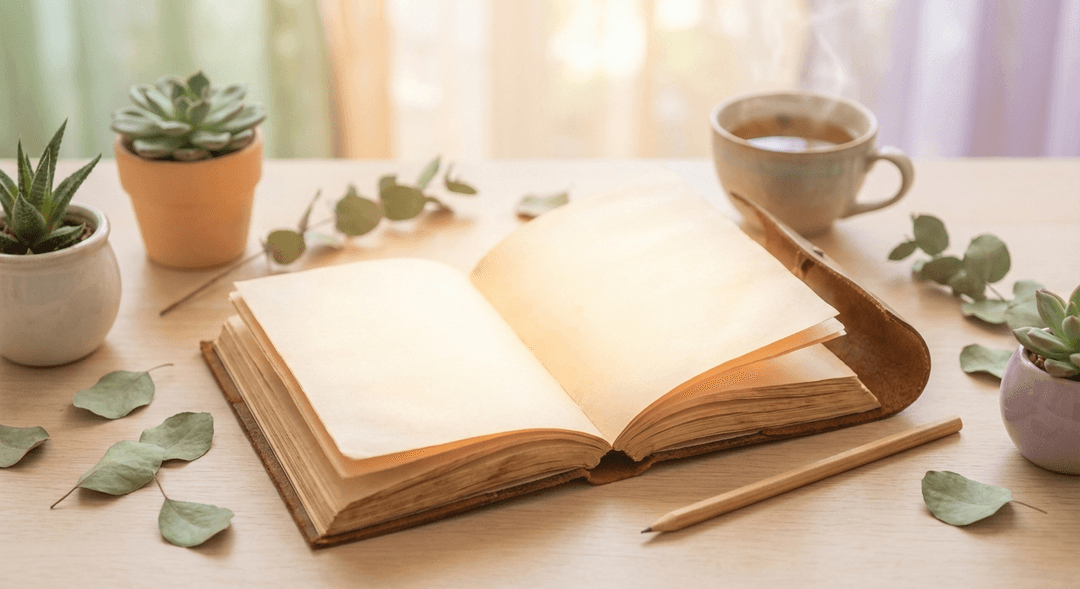 Open journal with soft light emanating from its pages, surrounded by plants