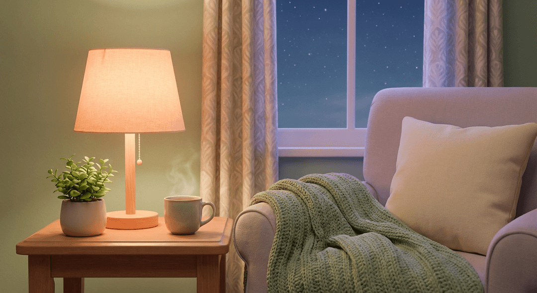 Warm lamp glowing in a cozy nighttime corner with blanket and plant