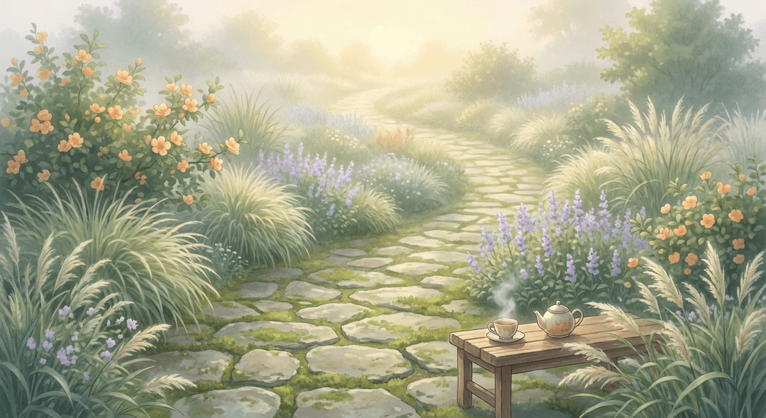 Winding garden path through wildflowers toward warm golden light