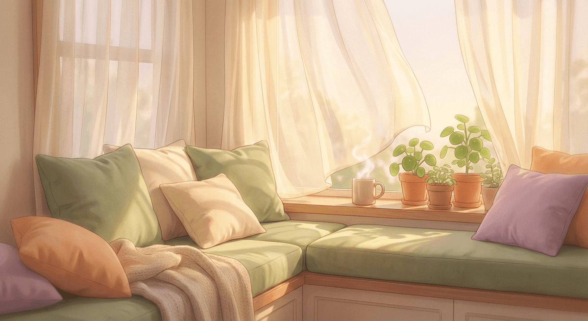 A cozy window seat with warm light, a safe space to begin recovery